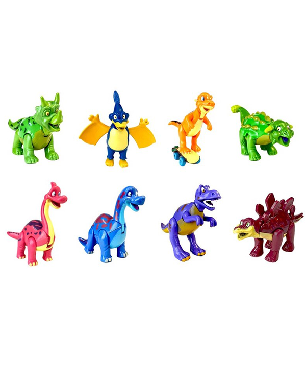Eight colorful toy dinosaur figures arranged in two rows on a white background. The top row includes a green triceratops, a blue and yellow pterodactyl, an orange T-Rex on a skateboard, and a green ankylosaurus. The bottom row features a red brachiosaurus, a blue apatosaurus with red markings, a purple T-Rex with a yellow belly, and a maroon stegosaurus."