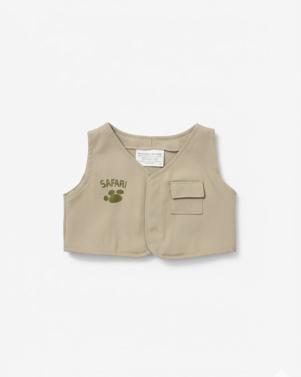 Beige vest with 'SAFARI' and paw print design on a white background