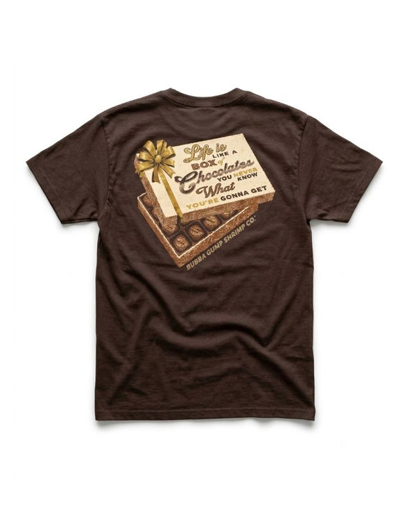 Brown t-shirt with a graphic design on the back on a white background