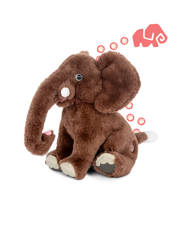 A brown plush toy elephant sitting in front of a plain background. In the upper right corner of the image, there is an illustration of a pink elephant with a spiral-shaped trunk and several pink paw prints leading towards it.