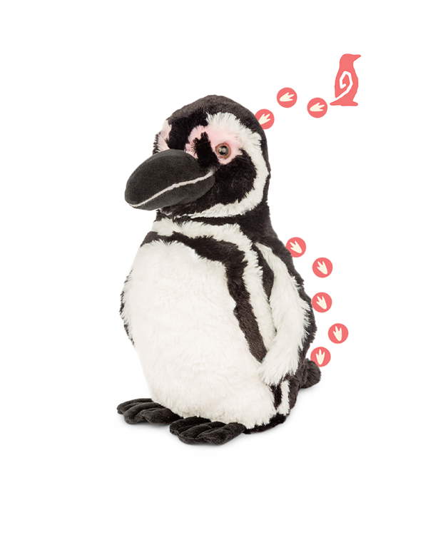 A stuffed Magellanic penguin toy with white linear details, a white belly, and pink circles around its eyes. Behind the penguin are pink bird footprints leading from the bottom right of the image to the top right, ending in a pink bird icon. The background is plain white.