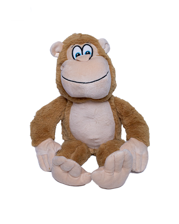 A monkey plush toy with a smiley face sitting in front of a white background.