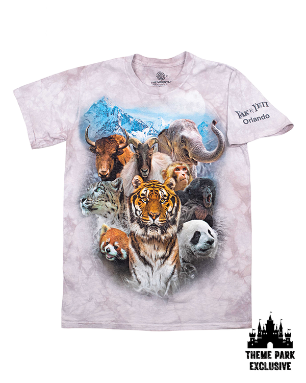 A grey marbled crewneck T-shirt with a graphic of many wild animals in front of a snowy mountain. The background is plain white with a Disney Castle logo at the bottom reading "THEME PARK EXCLUSIVE".