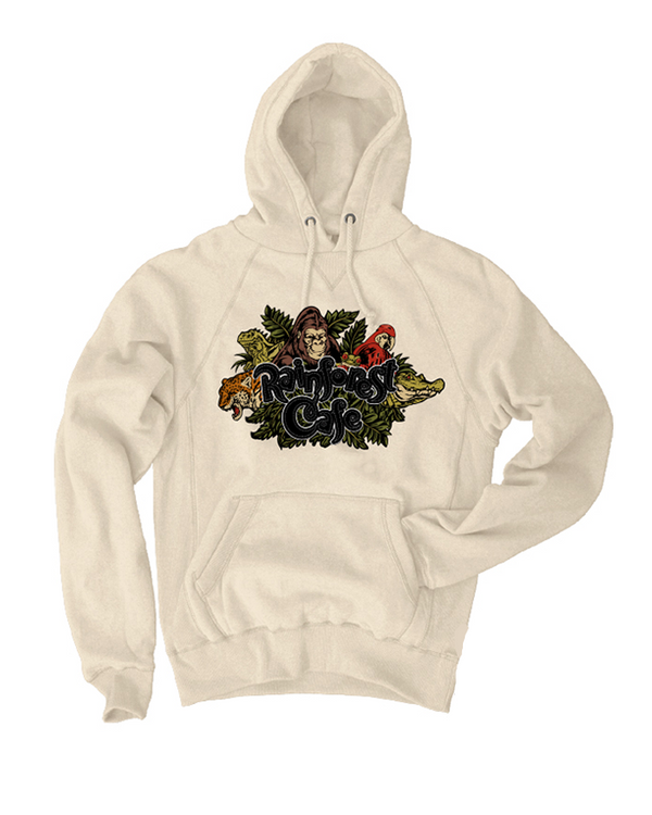 A full shot of a cream-colored hoodie with an embroidered "RAINFOREST CAFE" logo in the center featuring foliage and jungle animals.