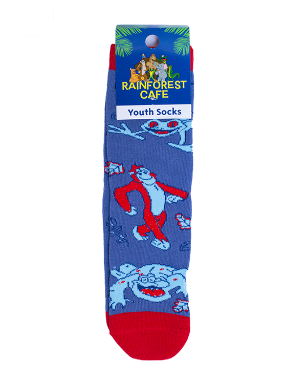 A pair blue and red socks from Rainforest Cafe, featuring a frog, monkey, and a crocodile. The socks are attached to a blue square tag with plants and jungle animals on it reading "RAINFOREST CAFE YOUTH SOCKS". The background is plain white.