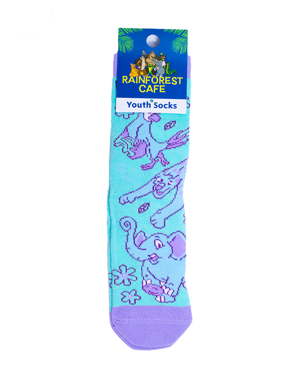 A pair blue and purple socks featuring a parrot, jaguar, and an elephant. The socks are attached to a blue square tag with plants and jungle animals on it reading "RAINFOREST CAFE YOUTH SOCKS". The background is plain white.