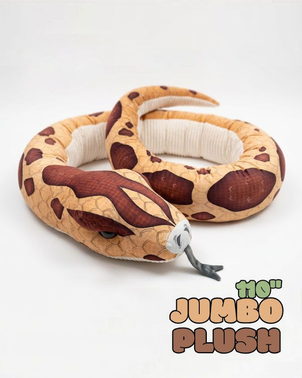 Plush snake toy with brown and beige pattern on a white background