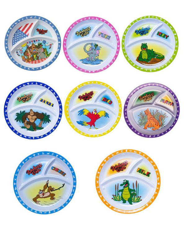 Set of colorful children's plates with animal illustrations on a white background