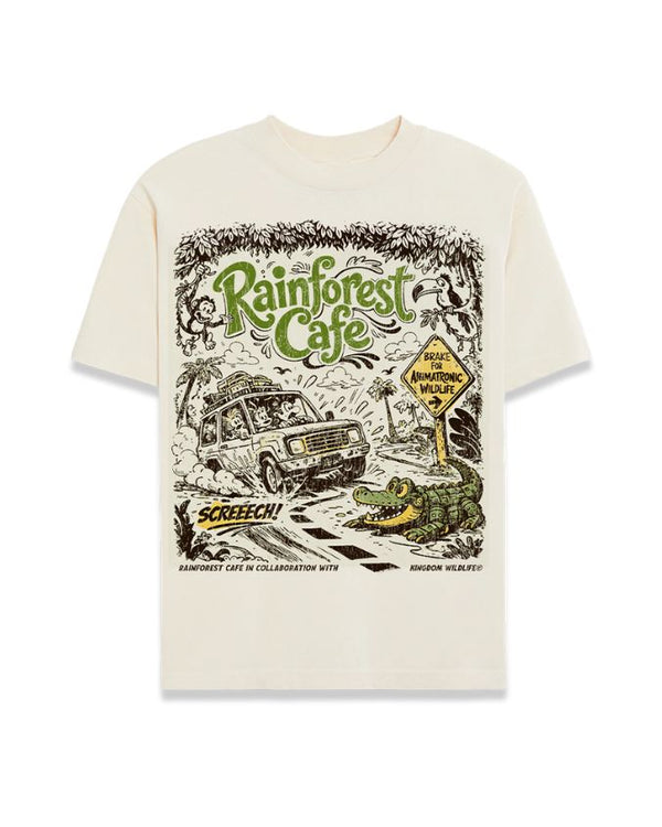 White t-shirt with Rainforest Cafe graphic design featuring a car and alligator on a white background