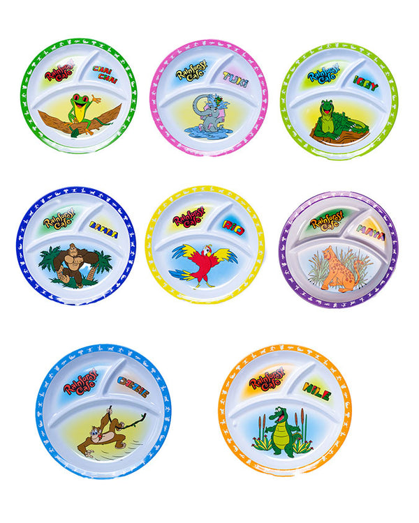 Set of eight children's plates with cartoon animal designs on a white background