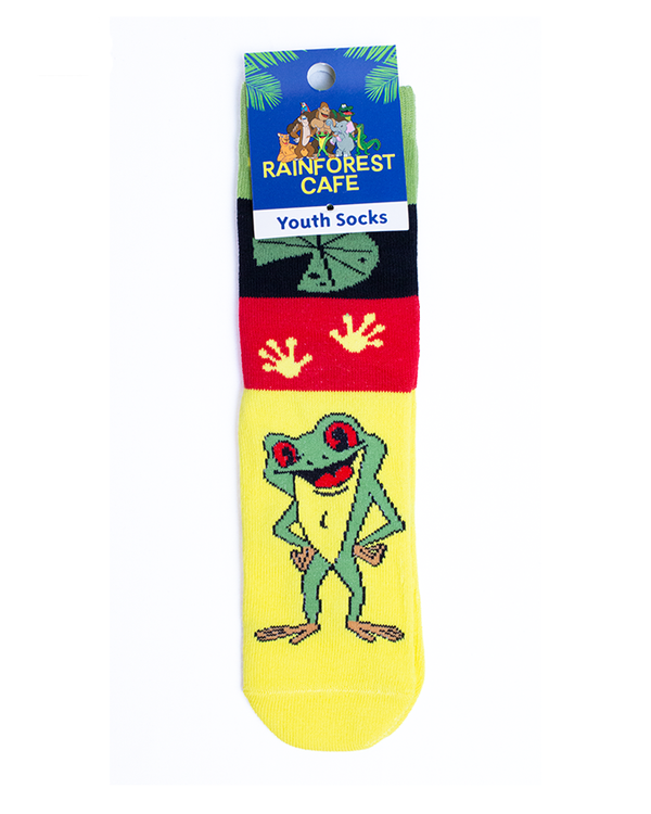 A pair of socks with a black, red and yellow divided theme. There is a frog, frog feet prints, and a lily-pad on the sock. The socks are attached to a blue square tag with plants and jungle animals on it reading "RAINFOREST CAFE YOUTH SOCKS". The background is plain white.