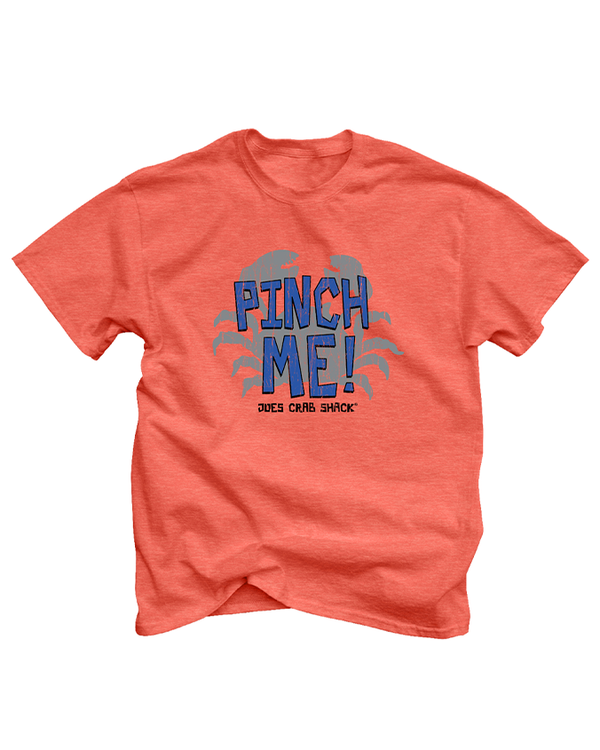 A crewneck T-shirt with a gray crab graphic, under the words "PINCH ME!" in a fun font and "JOES CRAB SHACK". The background is plain white.