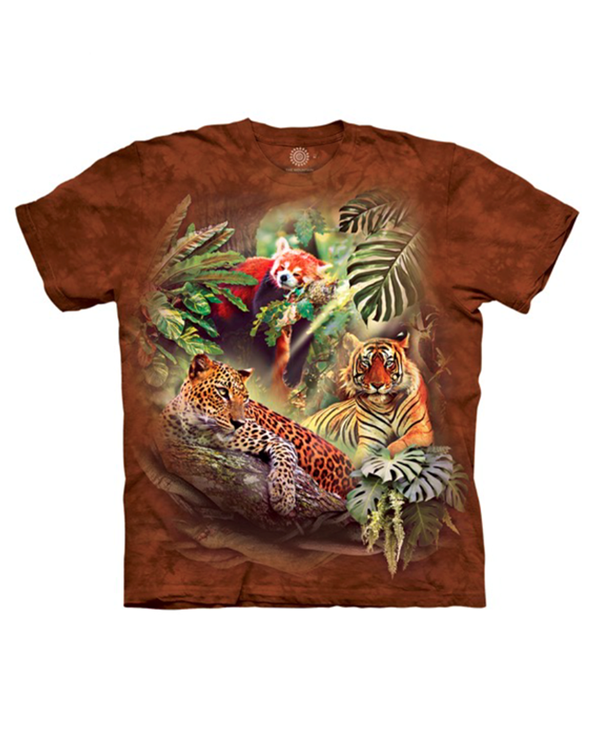 A brown crewneck T-shirt with a large graphic of a jungle with a red panda, a tiger, and a jaguar laying elegantly. The shirt is placed against a white background.