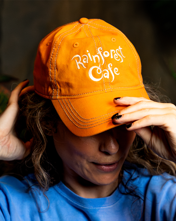 A headshot of a model wearing a blue crewneck T-shirt, adjusting and wearing an orange baseball cap with the text "Rainforest Cafe" written on it in white stylized font.