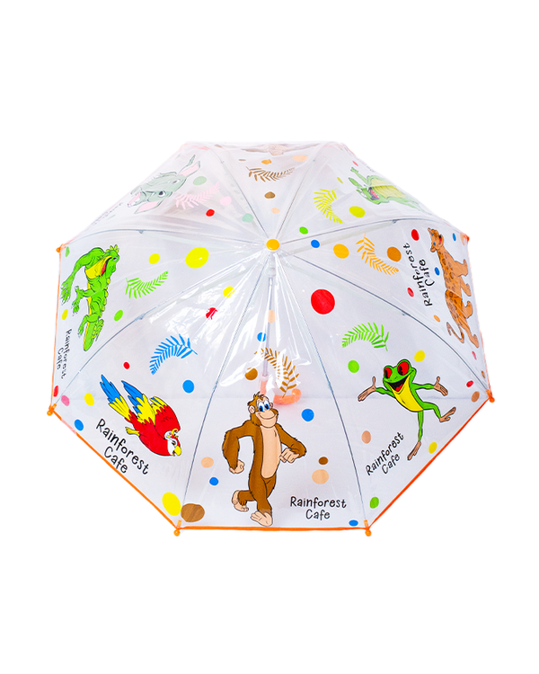 An overhead view of a transparent umbrella featuring cartoon animal, dots and leaves, cartoon animal characters and the text "Rainforest Cafe" on each triangle. The background is plain white.