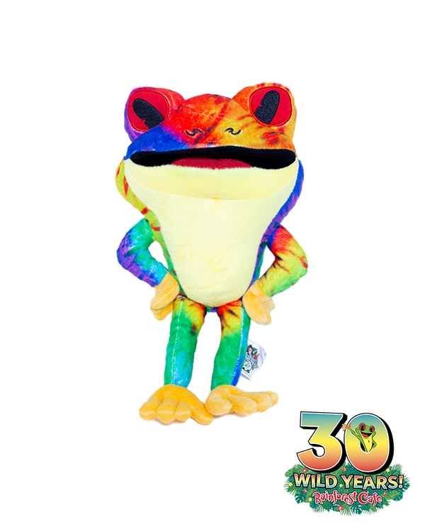 A rainbow tie-dye tree frog plush standing on two legs with his hands on his hips and a big smile. The background is plain white, with a rainbow ‘30 WILD YEARS!’ logo featuring CHA! CHA!.