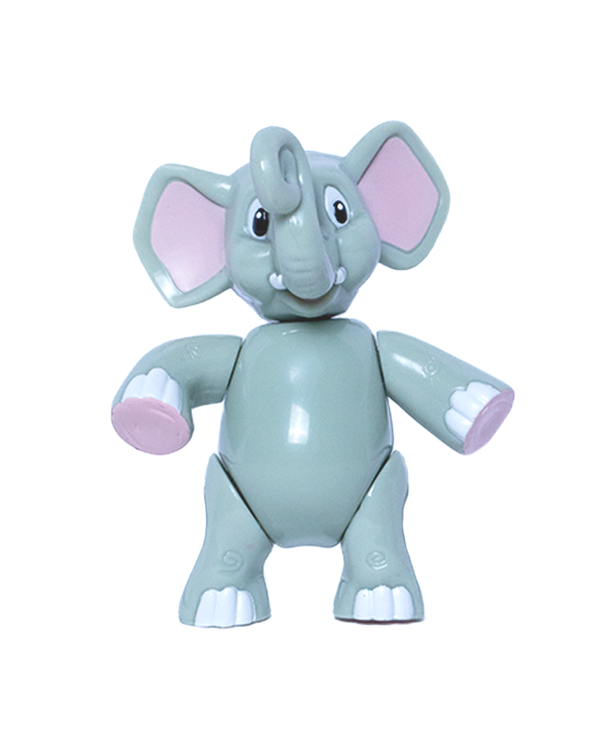 A grey elephant figurine standing with its arms out in front of a white backdrop.