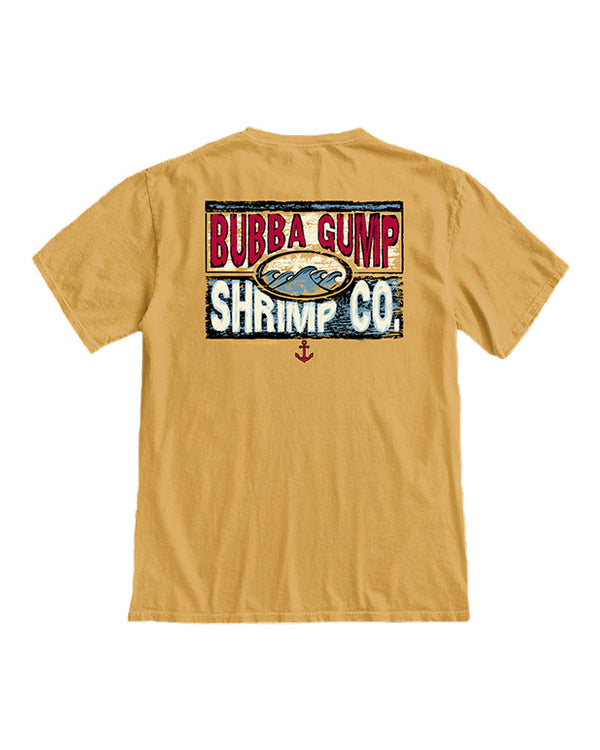 The back side of a yellow T-shirt featuring a rectangular graphic with 'BUBBA GUMP SHRIMP CO.' on a wooden sign design, with waves in the center in a circular frame, and an anchor below the graphic. The background is plain white.