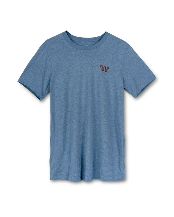 A blue crewneck T-shirt with a wavy line logo in left chest area. The background is plain white.