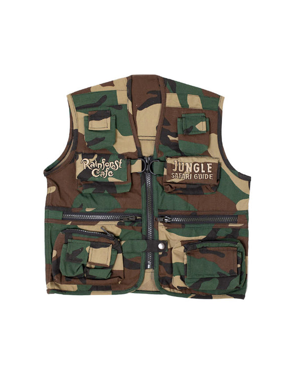 A green camouflage vest with a zipper down the front, two waist zipper openings, and 4 pockets, including "RAINFOREST CAFE" and "JUNGLE SAFARI GUIDE" on each chest pocket. The background is plain white.