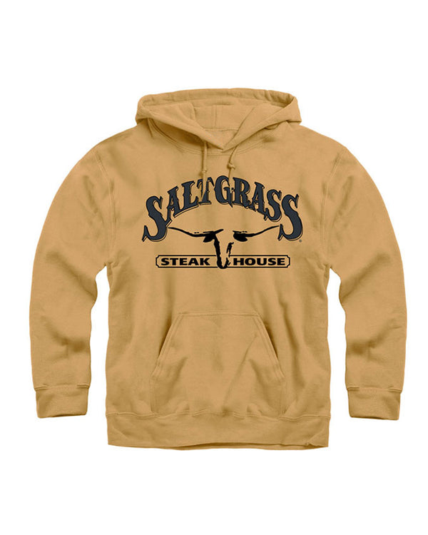 A yellow drawstring hoodie with the classic "SALTGRASS STEAKHOUSE" logo and longhorn head in the center. The background is plain white.