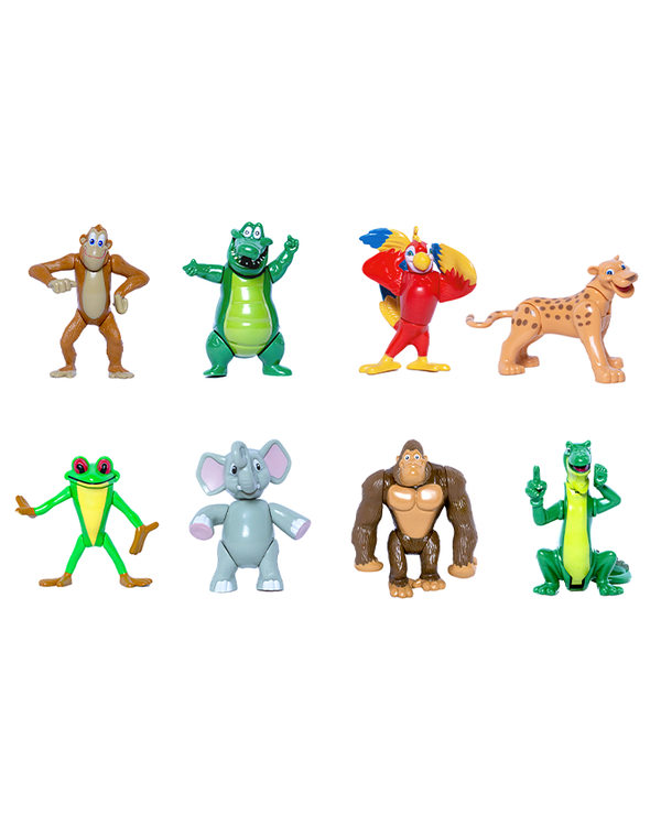 Eight rainforest toy figurines arranged in two rows against a white background. All of the figurines are unique animals with different positions and facial expressions. 