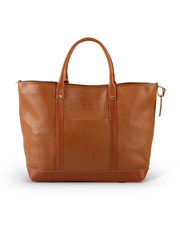 Front View. A spacious brown leather tote bag with a textured finish, featuring two robust handles and a subtle brand label, set against a pristine white background. The bag’s detailed stitching accentuates its elegant design, making it a versatile accessory for various occasions.