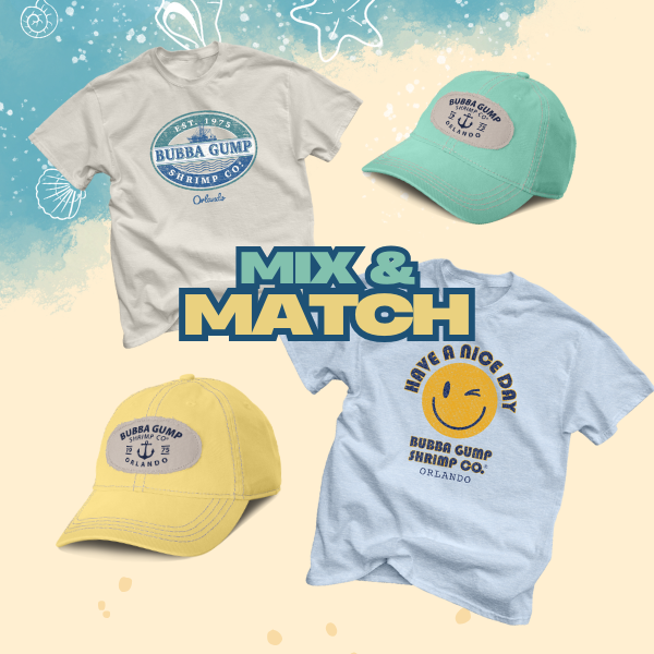 Four casual apparel items from Bubba Gump Shrimp Co.: t-shirts and hats in light colors with 'Mix & Match' text overlay.