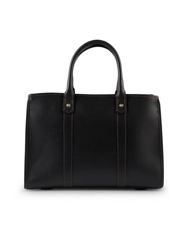 back view A sleek black leather handbag with sturdy handles, detailed stitching, and metallic accents, presented against a clean white background, exuding sophistication and style.