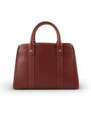 back view A sleek brown leather handbag with sturdy handles, detailed stitching, and metallic accents, presented against a clean white background, exuding sophistication and style.