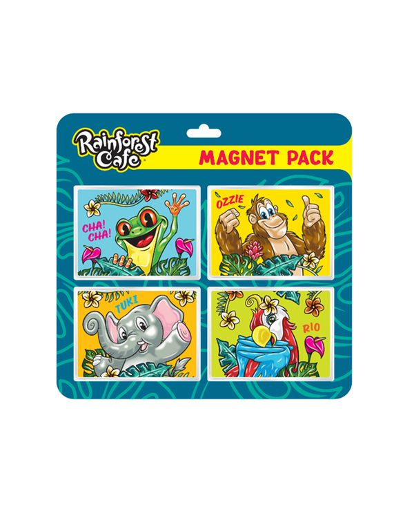 A full shot of a blue and yellow cardboard square containing four rectangular images, each containing cartoon animal character with a name: a green frog labeled 'CHA! CHA!', a brown gorilla labeled 'OZZIE', a gray elephant labeled 'TUKI', and a colorful parrot labeled 'RIO'. The top of the pack reads "RAINFOREST CAFE" in stylized letters and "MAGNET PACK, in the top corner. The background is white.