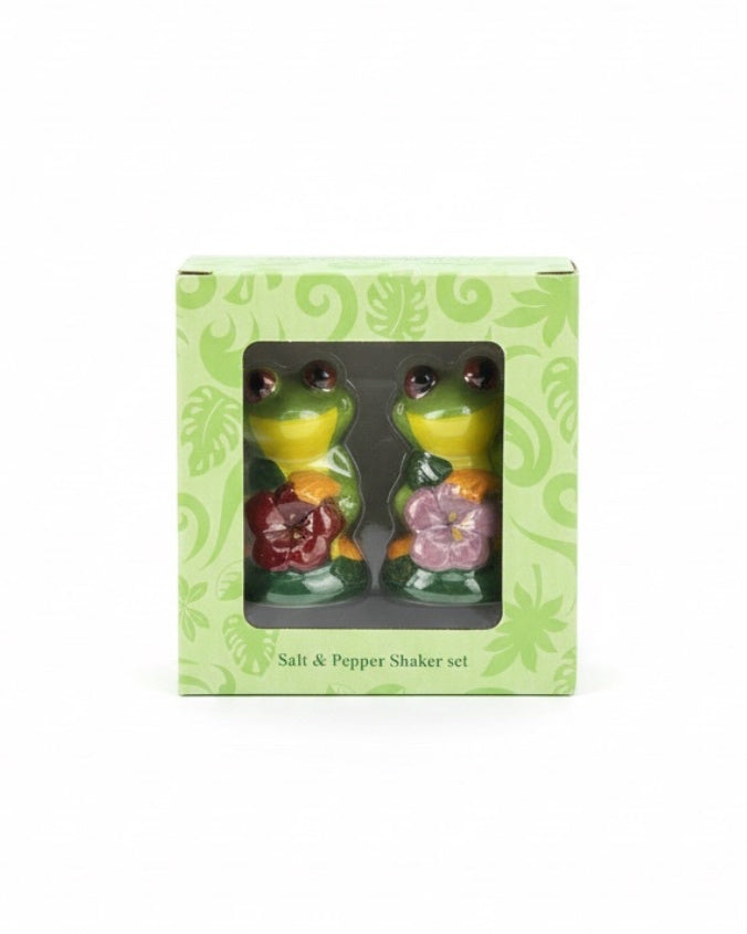 Salt and pepper shaker set in a decorative box on a white background