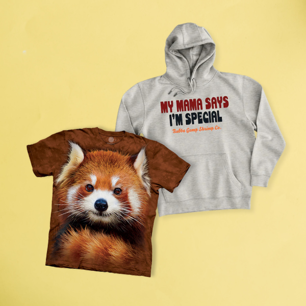 A brown t-shirt featuring a close-up of a red panda next to a gray hoodie with the text "MY MAMA SAYS I'M SPECIAL."