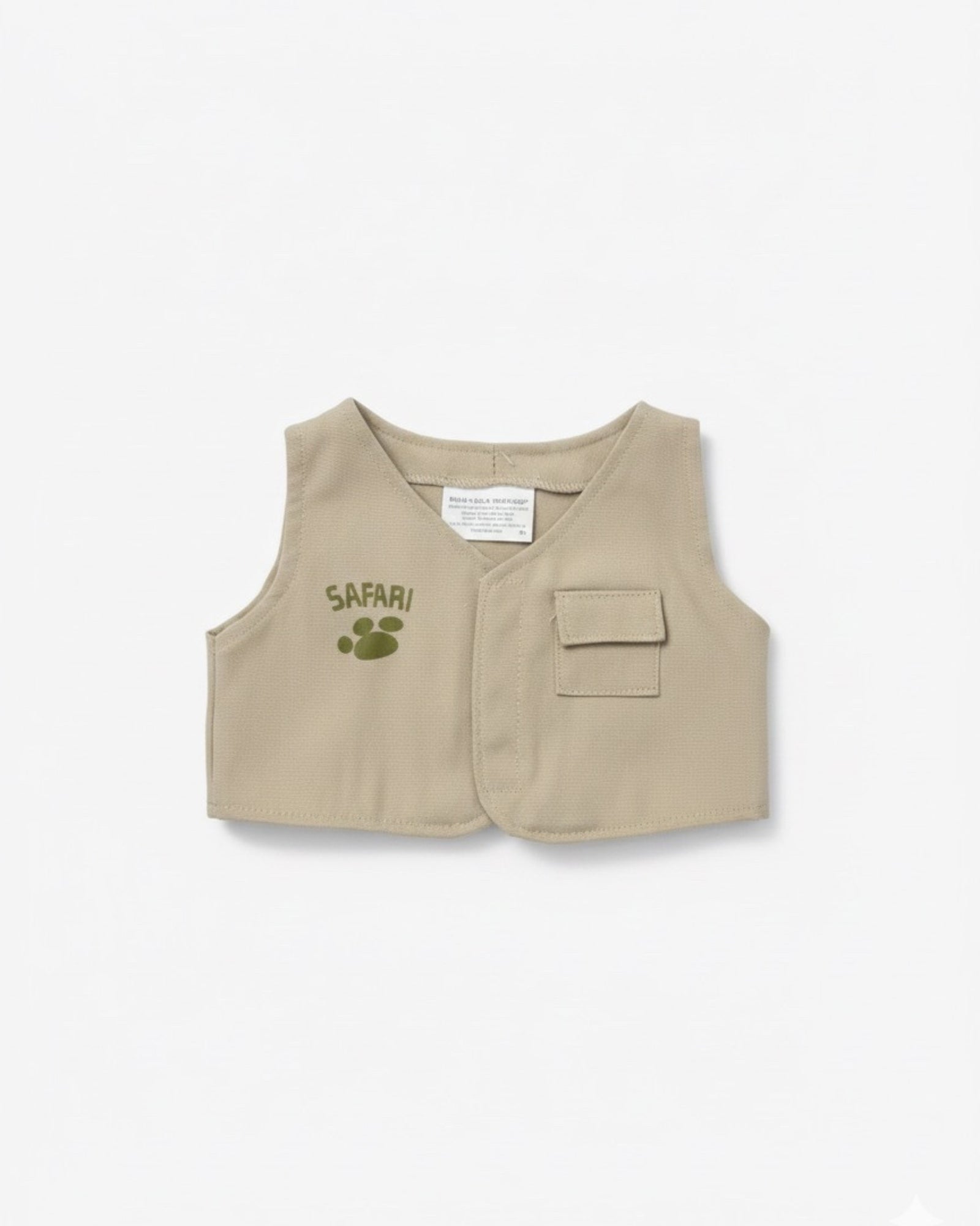 Beige vest with 'SAFARI' and paw print design on a white background