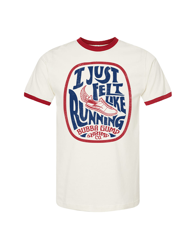 A cream t-shirt featuring a retro design with red accents, reading "I Just Felt Like Running" and "Bubba Gump Shrimp Co."