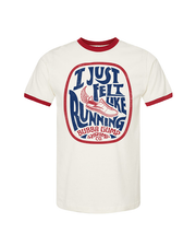 A white baseball t-shirt with red cuff lines, featuring a retro circular design with blue and red wording reading "I Just Felt Like Running" and "Bubba Gump Shrimp Co.", and a shoe with a feather in the middle. The background is plain white.
