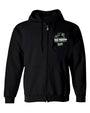 A black zip-up hoodie with a graphic on the left chest area. The graphic includes white text that reads ‘RUN FORREST RUN!’ with a silhouette of a running figure and a trail of greenish-blue flame-like design extending from the figure, suggesting motion. The hoodie has a drawstring hood and two front pockets.