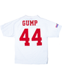 Back view of a white sports jersey with the name "GUMP" and number "44" in bold red lettering.