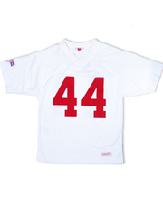 A white football jersey featuring red numbers "44" on the front, with short sleeves and a v-neck design.