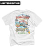 A white t-shirt with a colorful graphic print on the back. The print features the text ‘LIMITED EDITION’ at the top in red, followed by ‘BUBBA GUMP’ in large, bold letters with a shrimp illustration above it. Below is an image of a boat on water with ‘BAY SIDE MIAMI’ written underneath and ‘NO PLACE LIKE IT’ at the bottom of the design. The overall theme suggests a souvenir shirt from Bubba Gump Shrimp Co., highlighting its association with Miami’s bay side area.