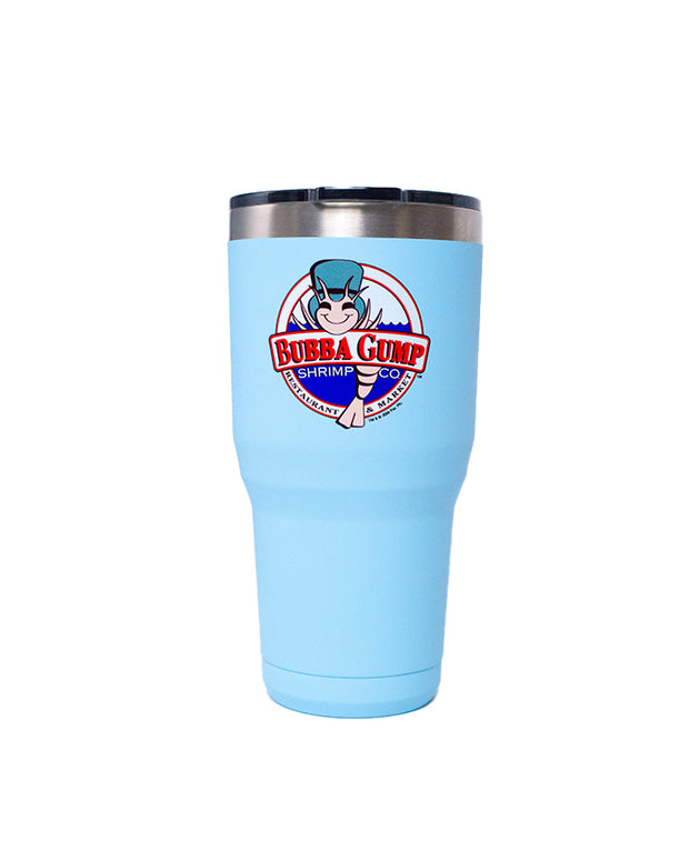 A light blue insulated tumbler with a lid, featuring the Bubba Gump Shrimp Co. logo. The logo consists of a cartoon shrimp wearing a grey top hat, surrounded by a red circular band with the text ‘BUBBA GUMP SHRIMP CO.’ in white letters.