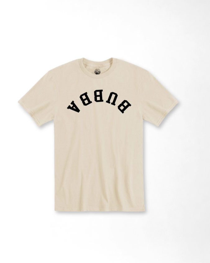 A beige short-sleeve crewneck t-shirt with the word 'BUBBA' printed in black arched block letters across the chest, displayed flat against a white background.