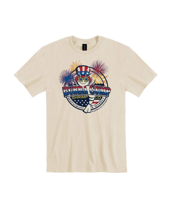 Beige t-shirt with a colorful graphic design on a white background