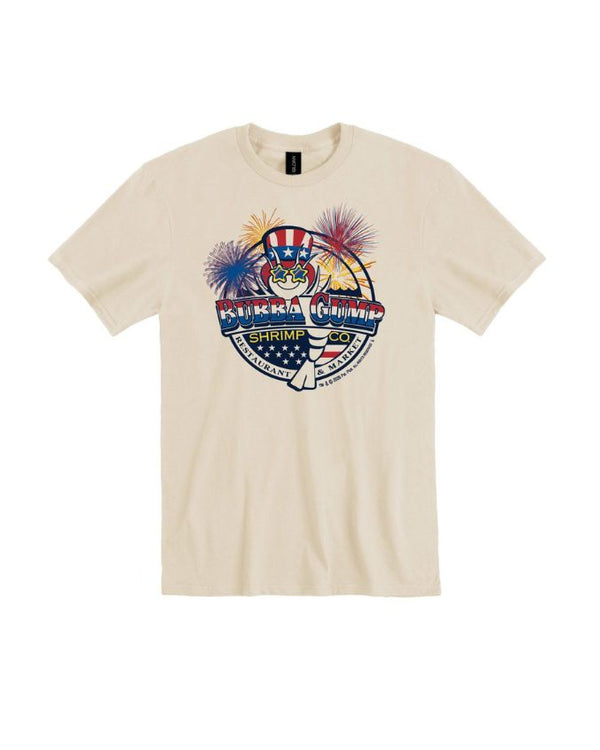 Beige t-shirt with a colorful graphic design on a white background