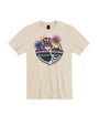 Beige t-shirt with a colorful graphic design on a white background
