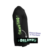 Black long-sleeve shirt with 'Orlando' printed on a dark background