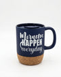 A navy blue ceramic mug with a cork base and a matching navy lid, featuring the white printed text 'Miracles HAPPEN everyday' on the front, set against a plain white background.