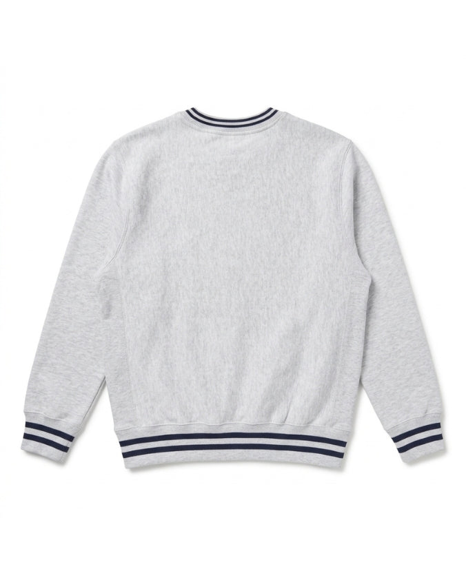A light gray heather crewneck sweatshirt shown from the back, featuring navy blue double stripes on the collar, cuffs, and hem.