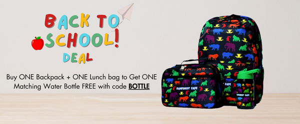 Promotional image for a back-to-school deal featuring a backpack and lunch bag set with a colorful dinosaur print on a wooden floor against a cream wall. Above the items, the text “Back to School! DEAL” is displayed in colorful, playful fonts. To the right, there’s an offer that reads “Buy ONE Backpack + ONE Lunch bag to Get ONE Matching Water Bottle FREE with code BOTTLE”.