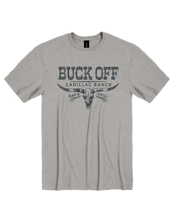 A gray crewneck t-shirt with western font text reading “BUCK OFF”, “CADILLAC RANCH BAR & GRILL" and a longhorn head in the center. The background is plain white.